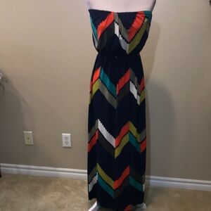 Navy Blue Chevron Striped Off Shoulder Maxi Dress with Elastic Waist-M
